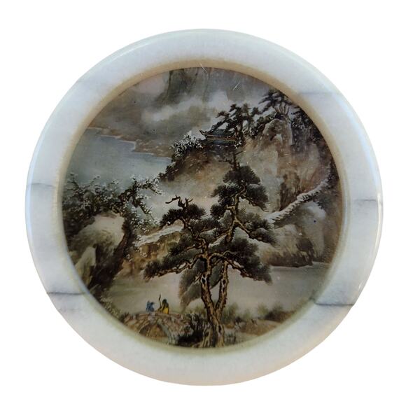 Vintage 60s Chinese Set of 6 Coasters Marble & Glass Village Landscape Barware - Picture 14 of 16